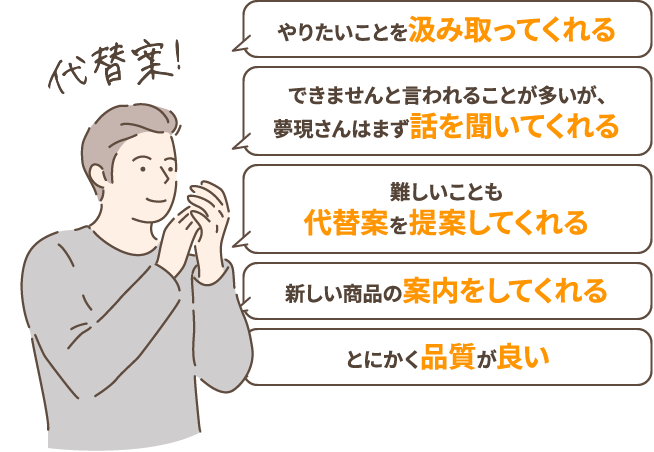 やりたいことを汲み取ってくれる できませんと言われることが多いが、夢現さんはまず話を聞いてくれる 難しいことも代替案を提案してくれる 新しい商品の案内をしてくれる とにかく品質が良い